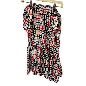 Milly Tiered Cotton Poplin Dress Printed Smock Resort Art Deco Geometric M